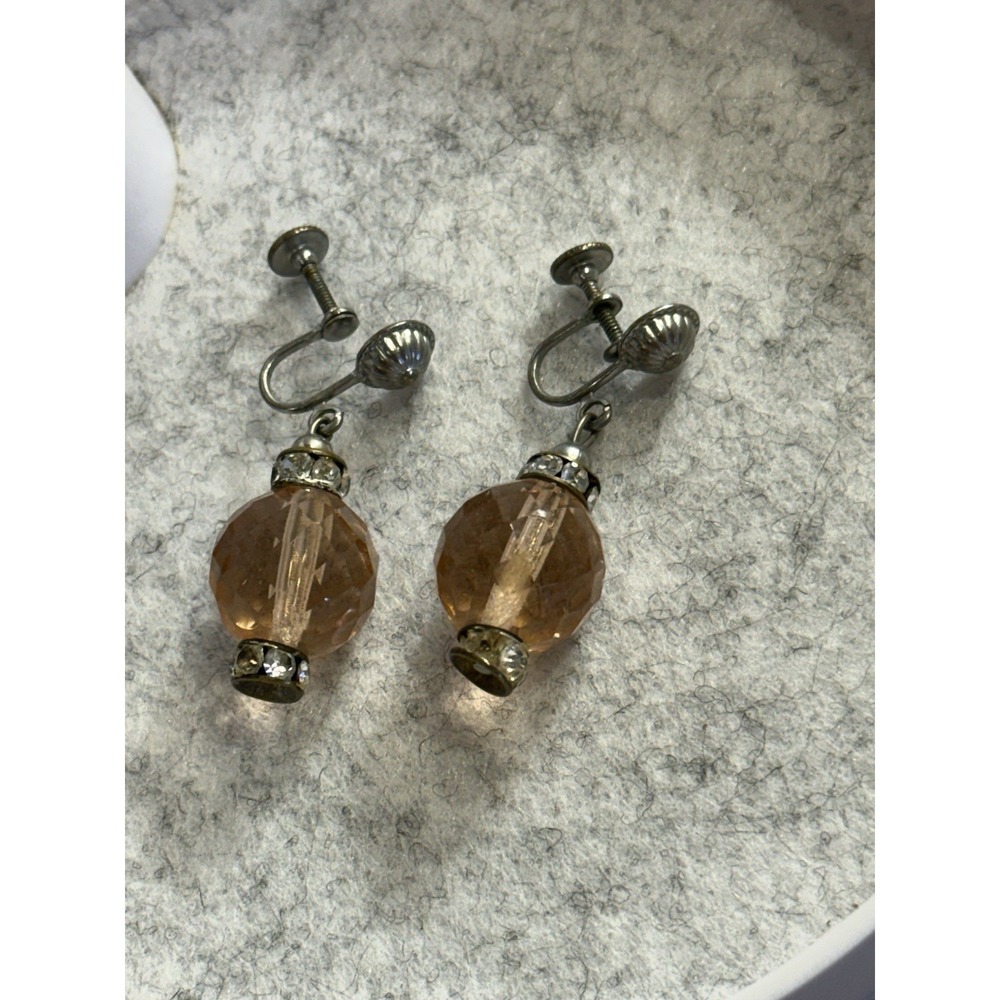 Mid-Century Amber Crystal Color Bead Screw-Back Earrings w/ Rhinestone Accents